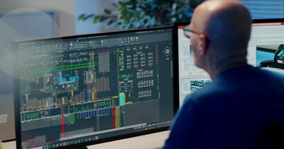 Mann arbeitet am PC-Bildschirm mit einer CAD-Software an einem industriellen Layout