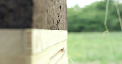 Nahaufnahme eines Bienenstocks aus Kork mit Holzverstärkung