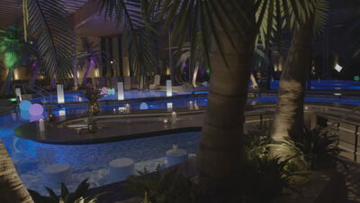 Poolbar in einem nächtlichen Hallenbad mit Palmen und stimmungsvoller Beleuchtung