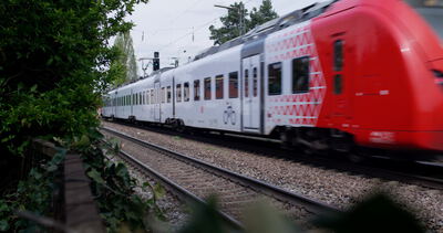 Regionalzug fährt auf einer zweigleisigen Bahnstrecke an Signalanlagen und grünen Hecken vorbei