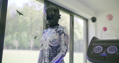 Cyborg Frau im mechanischen Ganzkörperanzug mit Helm