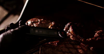 Fleischthermometer misst die Kerntemperatur eines Steaks auf dem Grill