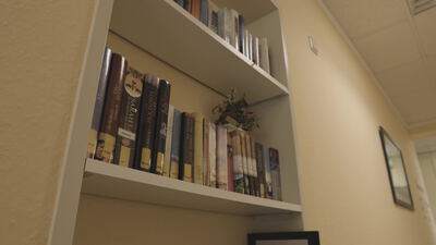 Holzregal voller Bücher in einem warmen gemütlichen Raum
