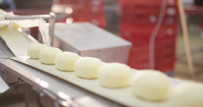 Helle runde Portionen laufen über das Förderband der Lebensmittelproduktion