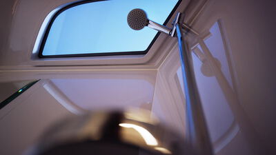 Handbrause an verchromter Stange vor einem Fenster im Badezimmer