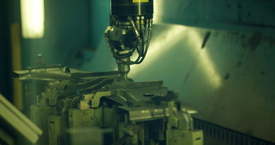 Automatisierter Schweißkopf bearbeitet ein Metallteil mit Funkenflug