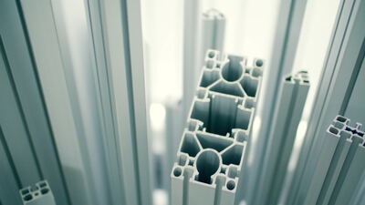Aluminiumprofile mit Nut stehen aufrecht im Lager