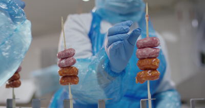 Rohe Wurstspieße werden in der Fleischfabrik von Hand aufgesteckt