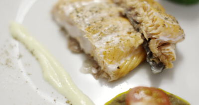 Gebratenes Fischfilet mit knuspriger Haut und Sahnesauce auf weißem Teller