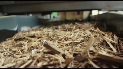 Holzhackschnitzel und Rinde als Brennstoff im Silo einer Bioenergieanlage