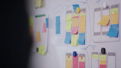 Haftnotizen und App Wireframes an einer UX Design Wand