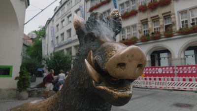 Bronzestatue eines Wildschweins steht in einer historischen Altstadtgasse