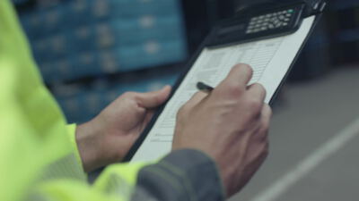 Lagerarbeiter füllt eine Inventarliste auf dem Klemmbrett aus