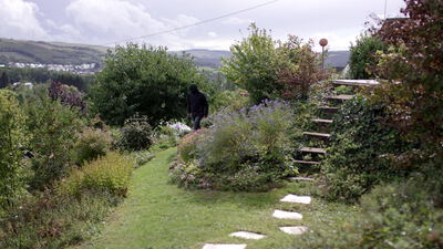 Mann geht durch einen Garten mit Blick über das Tal Mann geht durch einen Garten mit Blick über das Tal, Gartenlandschaft, Staudenbeet und Stauden als 4K Stockvideo