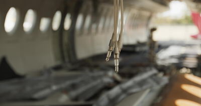 Sauerstoffmasken hängen in der Kabine eines zerlegten Flugzeugs