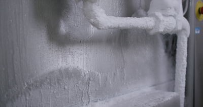 Vereister Verdampfer im Tiefkühlraum mit dicker Frostschicht