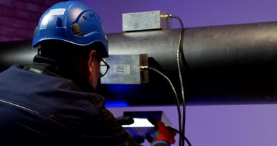 Ingenieur mit blauem Schutzhelm prüft Sensoren an einer Rohrleitung