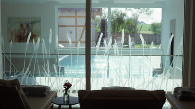 Blick durch die Glasfront auf den Pool im Wellnessbereich