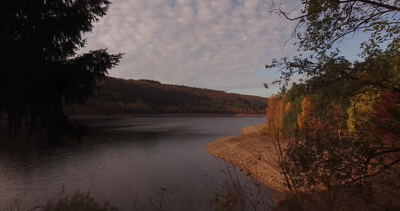 Ruhiges Ufer einer Talsperre mit herbstlichem Wald und Sandbank