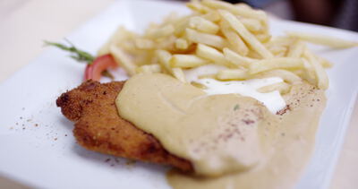 Paniertes Schnitzel mit heller Rahmsauce und knusprigen Pommes auf weißem Teller