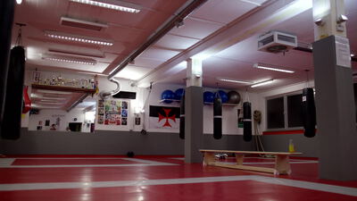 Leeres Boxstudio mit hängenden Boxsäcken und rotem Boden