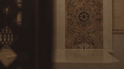 Ornamentales Wandpaneel mit Rosette wird durch ein verziertes Holzgitter sichtbar