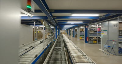 Rollenförderband durch Lagergang mit Regalen im Logistikzentrum Rollenförderband durch Lagergang mit Regalen im Logistikzentrum, Rollenförderband Lager, Förderband Warenlager und Lagergang