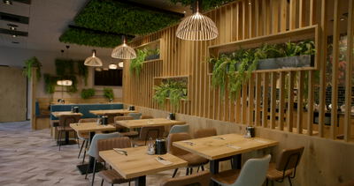 Kamerafahrt durch modernes Restaurant mit Holzlamellen und hängenden Pflanzen