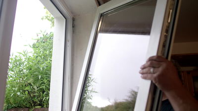 Mann öffnet ein Fenster mit Blick auf eine grüne Hecke