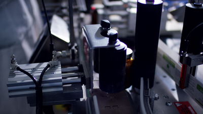 Schwarze Kunststoffflaschen an der Etikettiermaschine, Etikettiermaschine Aufnahmen, Etikettiermaschine Video lizenzfrei und