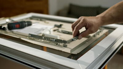 Handwerker montiert Fensterbeschlag auf weißem Kunststoffrahmen Handwerker montiert Fensterbeschlag auf weißem Kunststoffrahmen, Fensterbeschlag montieren, Fensterbau Video lizenzfrei und