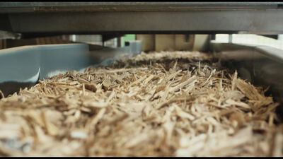 Holzhackschnitzel liegen in einem runden Silo mit drehendem Rührarm, Holzhackschnitzel Silo, Rührarm Silo und Vorratssilo