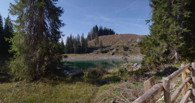 Fichten am Holzzaun geben den Blick auf einen türkisen Bergsee frei