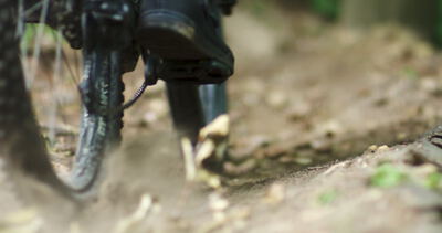 Nahaufnahme eines Mountainbike Reifens auf staubigem Waldweg