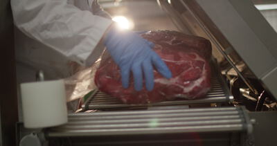 Vakuumverpacktes Rindfleisch gleitet über die Rollenbahn zum Versand