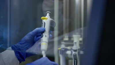 Mikropipette in der Hand hinter der Glasscheibe im Labor Mikropipette in der Hand hinter der Glasscheibe im Labor, Mikropipette Nahaufnahme, Laborwerkbank Aufnahmen und Pipettieren