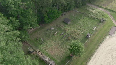 Luftaufnahme einer eingezäunten Weide am Waldrand, Luftaufnahme Weide, Drohnenaufnahme Weidefläche und Weidegehege von oben