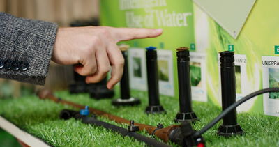 Bewässerungsdüsen im Messestand für Gartentechnik werden mit der Hand verglichen