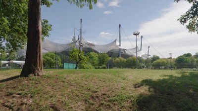 Olympiastadion erhebt sich hinter Bäumen im Olympiapark München: Olympiastadion München, Olympiapark München