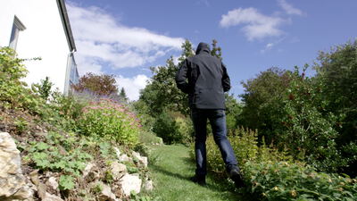 Person geht bei Sonnenschein einen Gartenweg zwischen Beeten hinauf