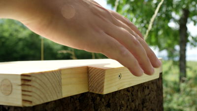 Hand greift ein Holzbrett auf einem Baumstumpf im Garten