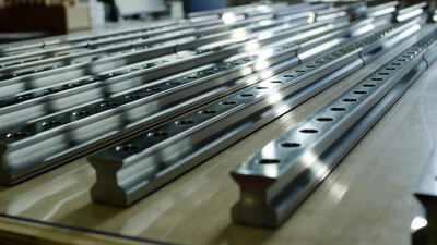 Reihen glänzender Metallprofile mit Bohrungen in der Metallverarbeitung