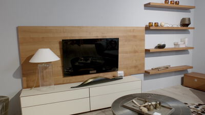 Modernes Wohnzimmer mit Holzwohnwand und Fernseher