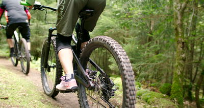 Nahaufnahme von zwei Mountainbikern beim Fahren durch den grünen Nadelwald