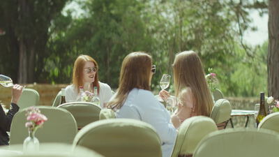 Fröhliche Frauenrunde stößt mit Weißwein an der Gartentafel an
