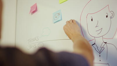 Hand klebt einen Notizzettel an eine Empathy Map am Whiteboard
