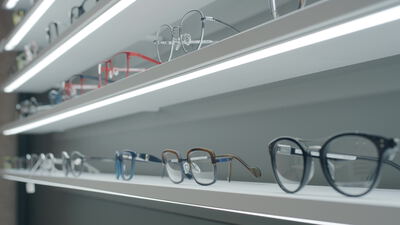 Brillengestelle stehen beleuchtet im Regal des Optikergeschäfts