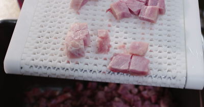 Würfelfleisch fällt vom Förderband in den Behälter