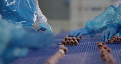 Arbeiter stecken Speckröllchen auf Spieße an der Produktionslinie