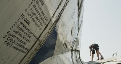 Arbeiter steht auf einem Flugzeugrumpf und öffnet eine Wartungsklappe